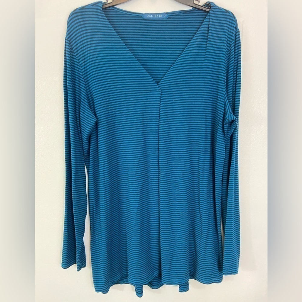 CUT LOOSE Tunic Top Blue Stripe Cotton Spandex Sz Large Lagenlook Stretchy USA